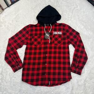 ATSUKO ONE PIECE MENS BUTTON DOWN STRAW HAT CREW HOODED FLANNEL SIZE MEDIUM